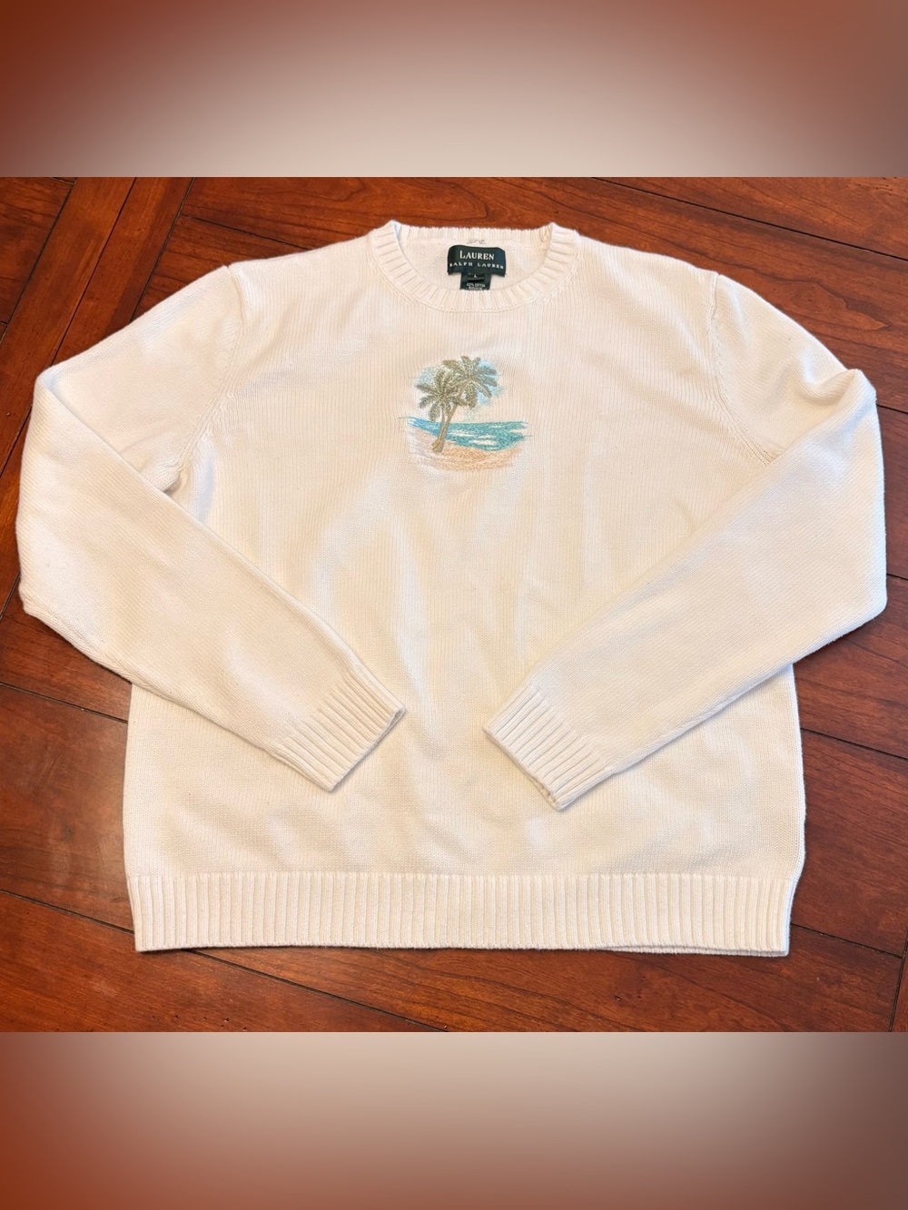 Lauren Ralph Lauren Cream Crewneck Sweater with Palm Embroidery